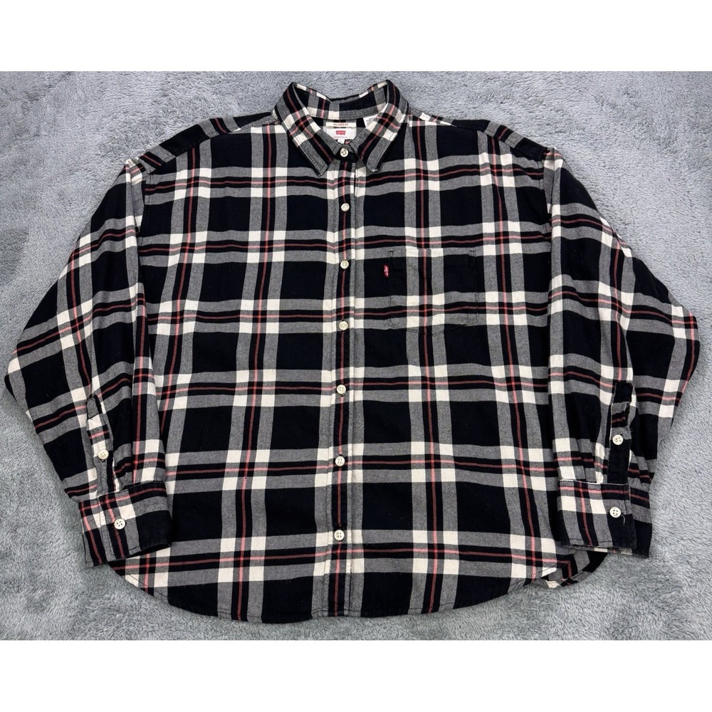 VTG Levis Flannel Shirt Men XL Black Red Plaid Pocket Button Front Workwear